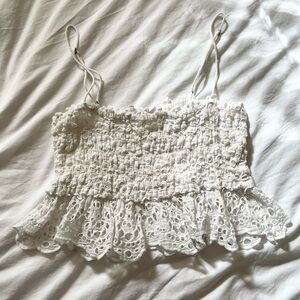 Free People White Eyelet Lace Smocked Women Top
